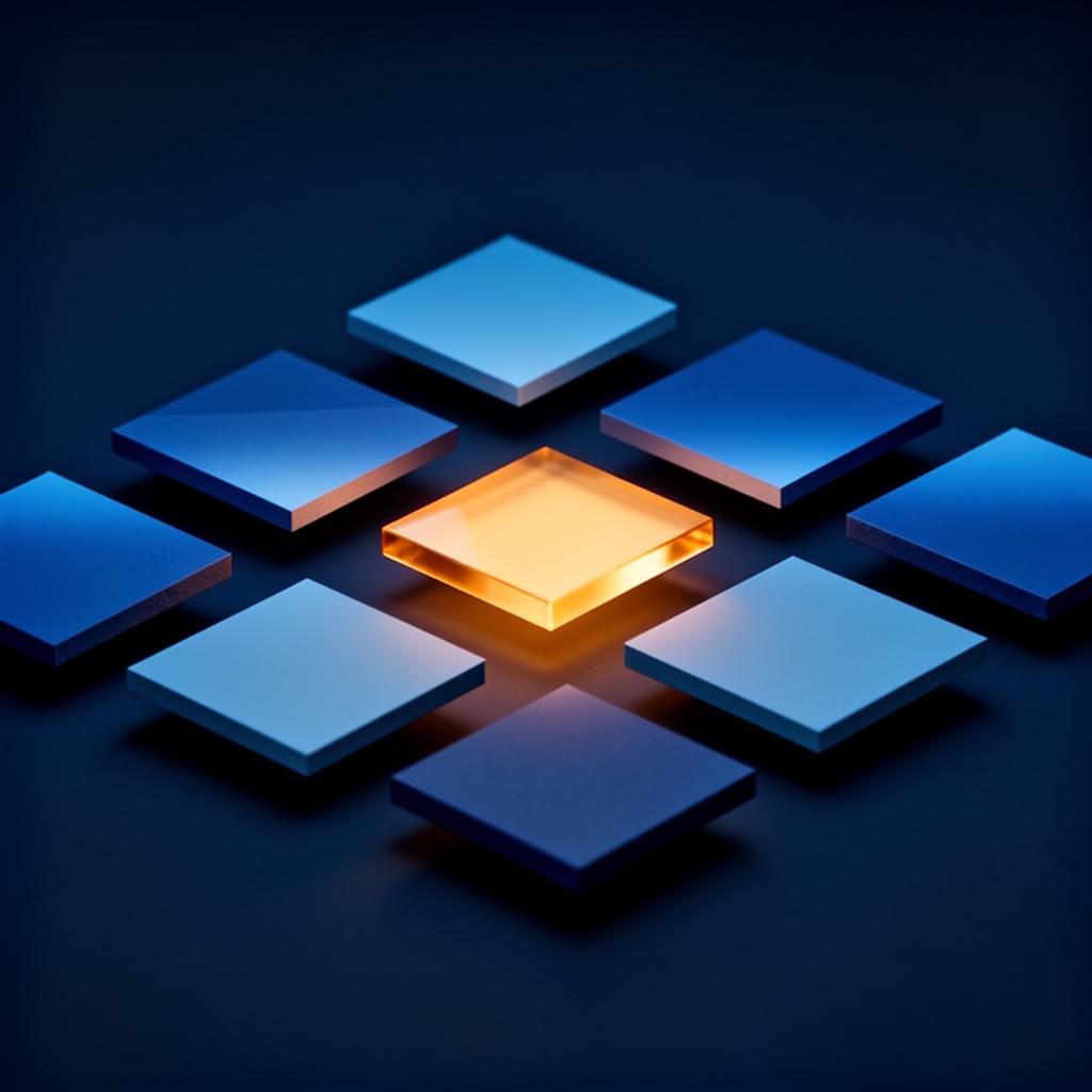 Abstract grid of blue tiles with one glowing amber tile representing curation