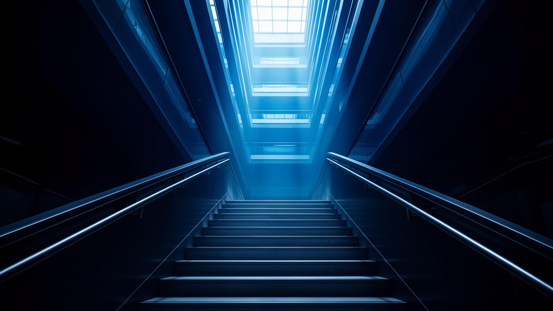 Architectural staircase ascending toward blue light, symbolising capital growth