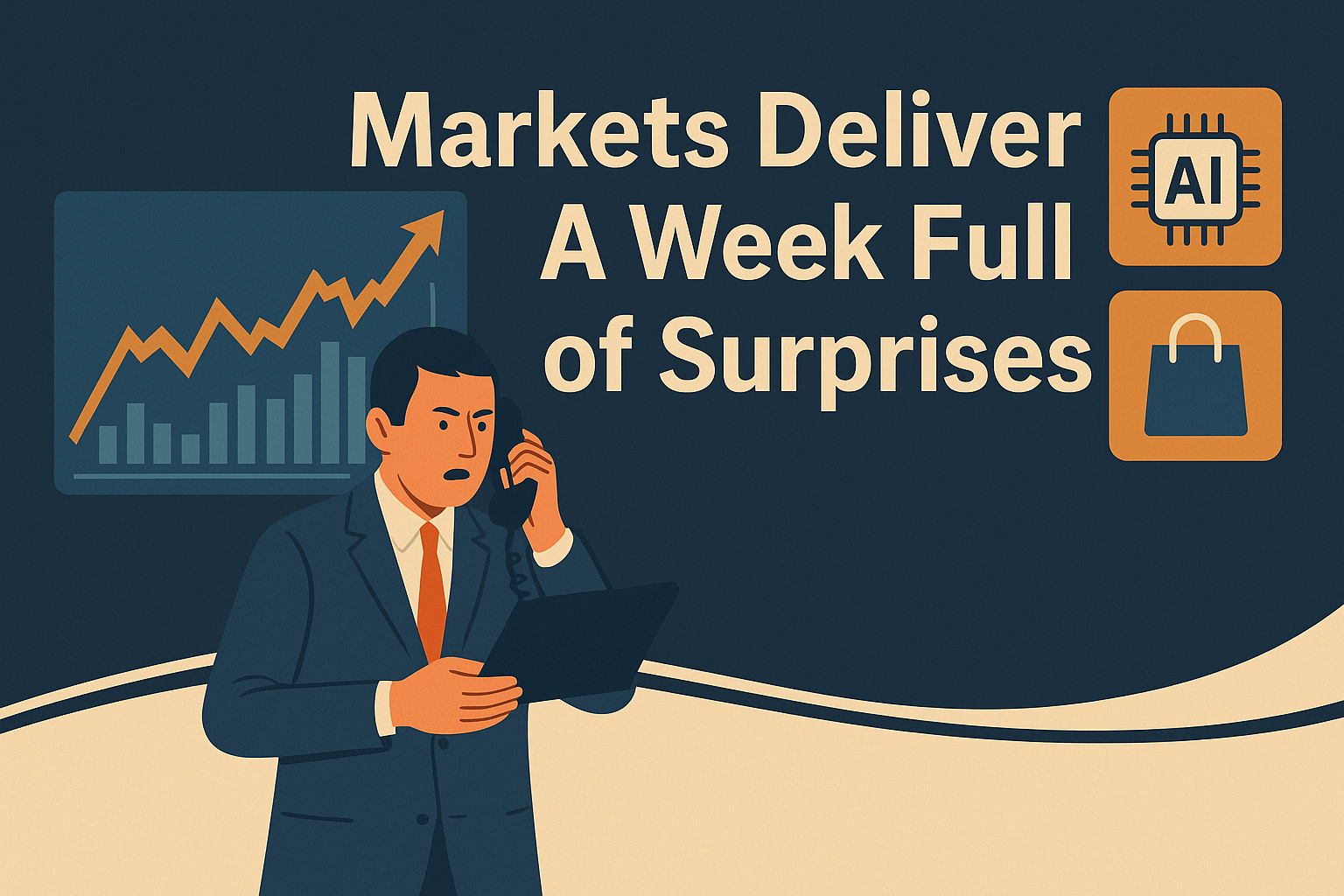 stock-market trader reviewing week of surprises
